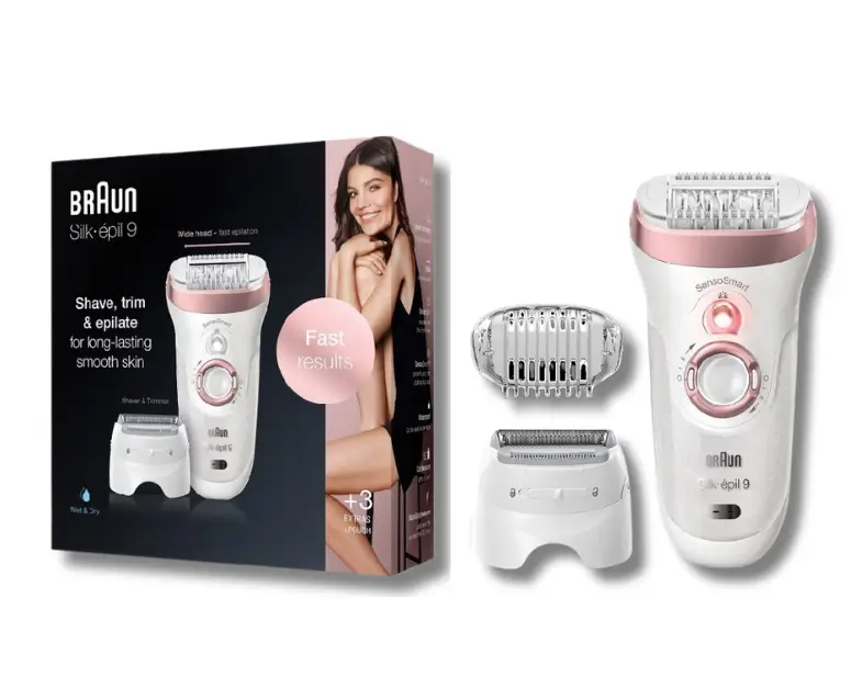 Braun Epilator Silk-épil 9 9-720, Hair Removal Device, Epilator for Women, Wet/Dry, Waterproof, 3-in-1 Epilate, Shave, or Trim, Salon-Like Smooth Skin, Womens Shaver & Trimmer, Cordless, Rechargeable - Best Facial Hair Remover For Woman