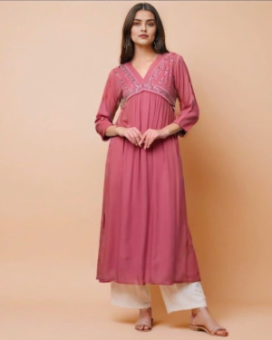 INDYES Embroidered Yoke Design Pleated A-Line Kurta