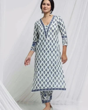 Anouk White Ethnic Motifs Printed Regular Kantha Work Pure Cotton Kurta With Trousers