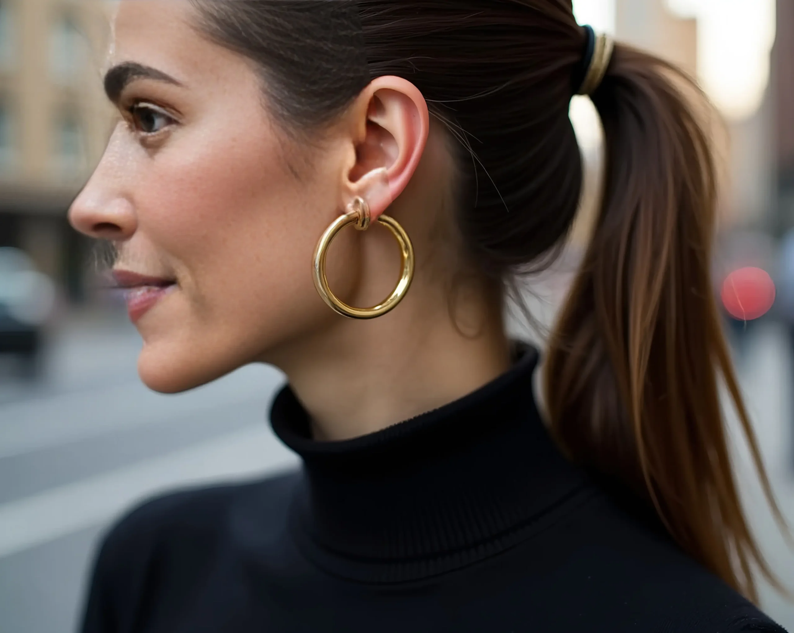 gold-hoop-earrings-worn-by-a-woman-with-her-hair-swept-back- Clothing Accessories for Women