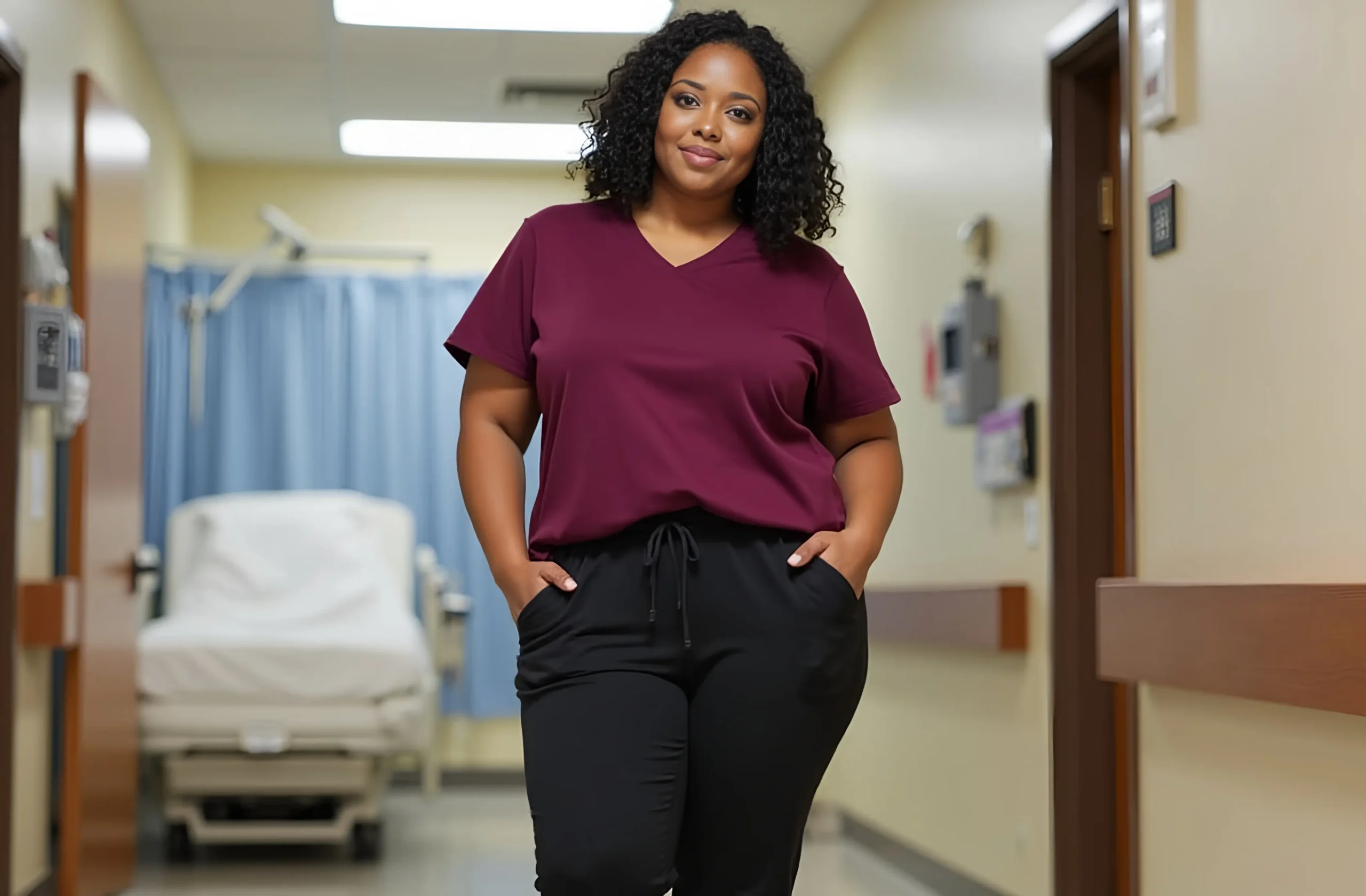 curvy-woman-wearing-justine-jogger-scrub-pants-Best scrubs for curvy women