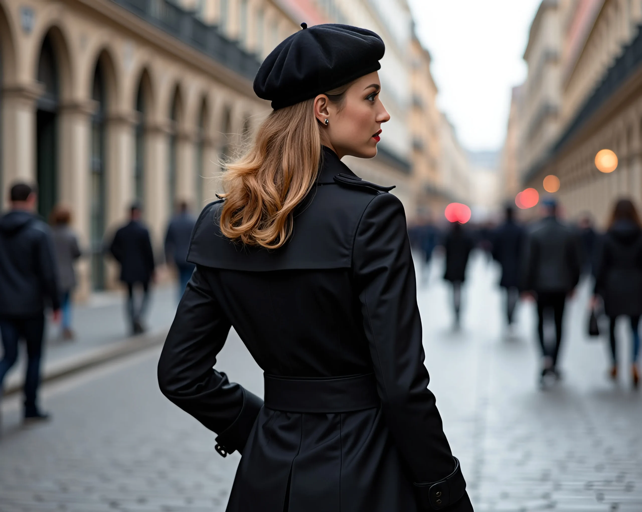 black-beret-styled-with-a-sleek-trench-coat-worn-by-a-woman-Clothing Accessories for Women