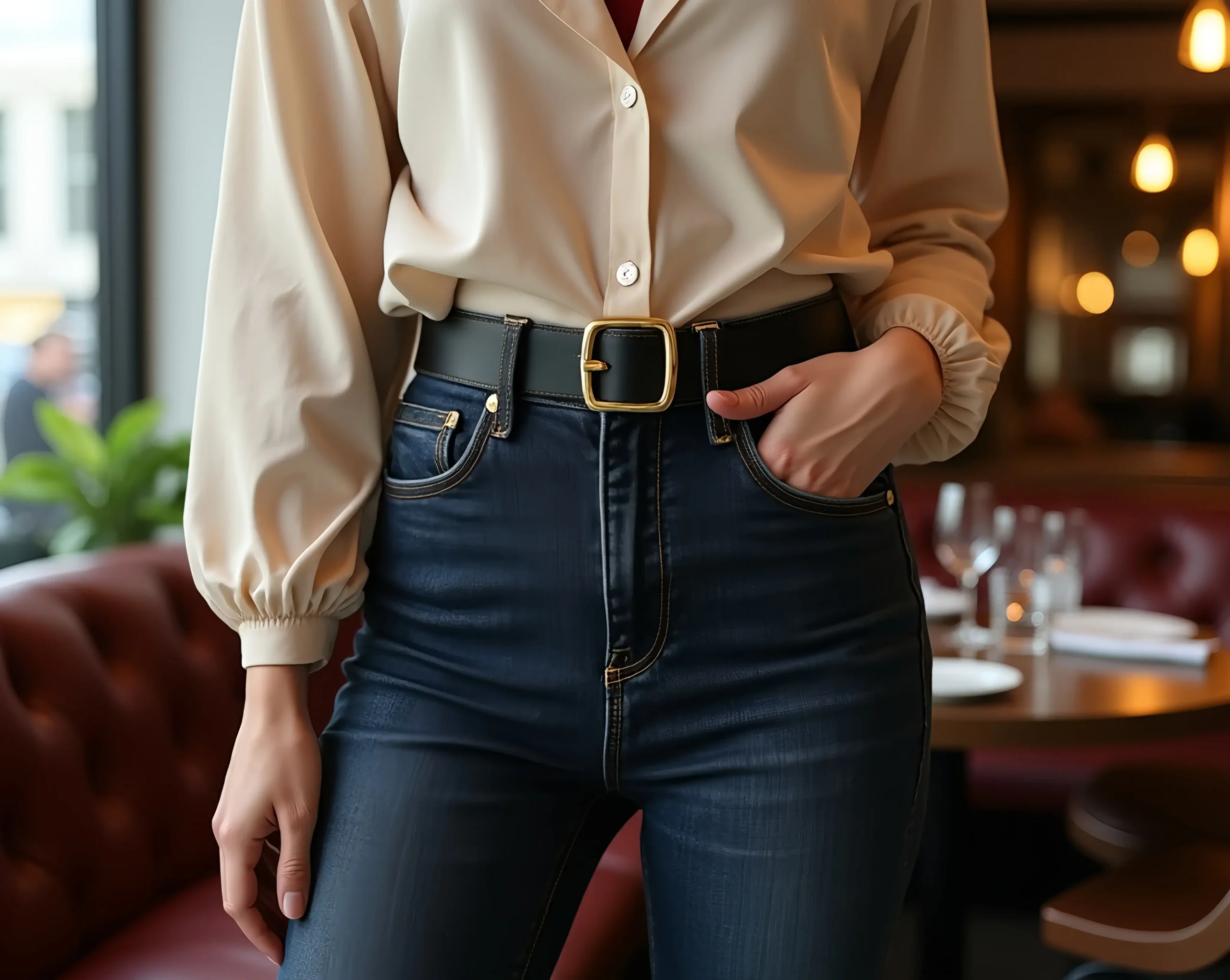 Woman showcasing a brown leather belt styled with a flowy dress for a defined waistline. Clothing Accessories for Women