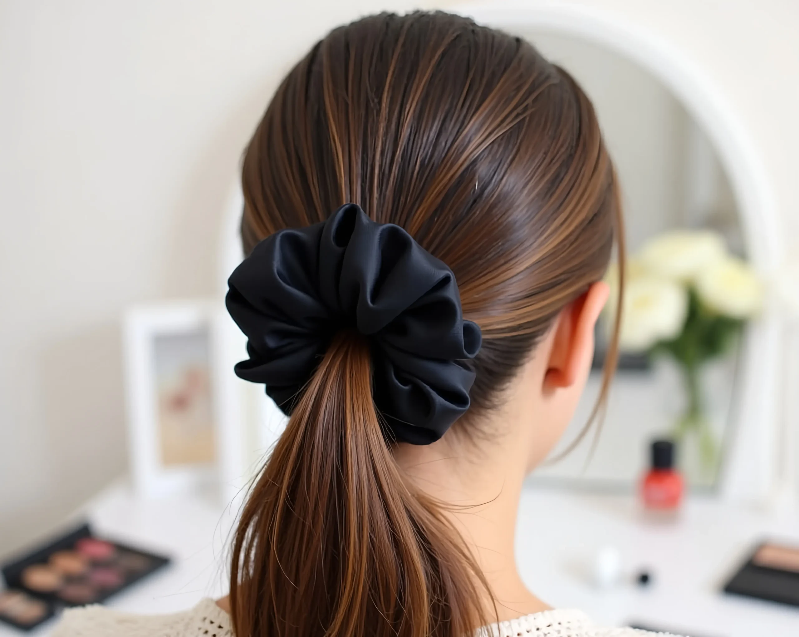 black-satin-scrunchie-holding-a-sleek-ponytail-Clothing Accessories for Women