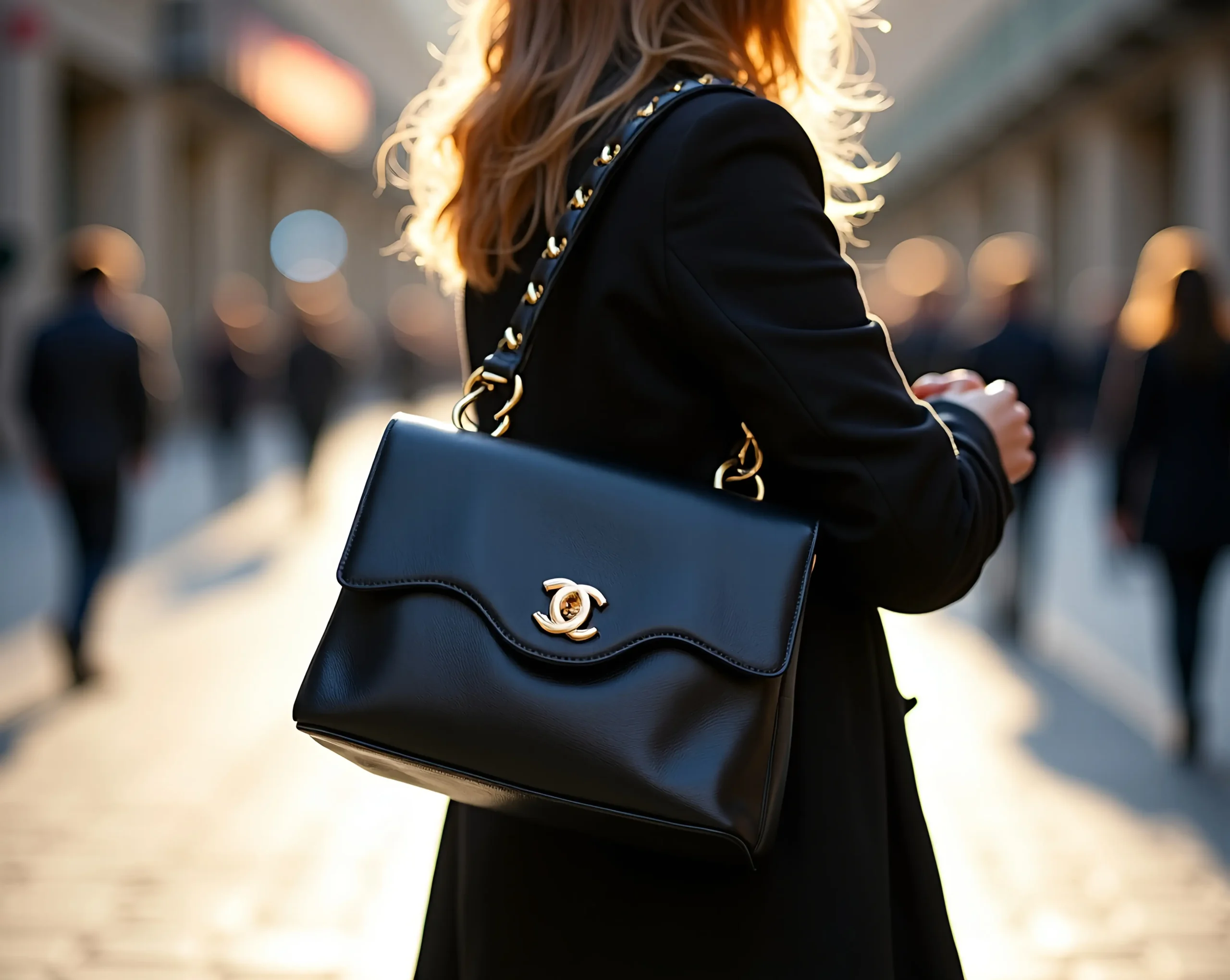 structured-black-leather-shoulder-bag-with-gold-scaled -Clothing Accessories for Women