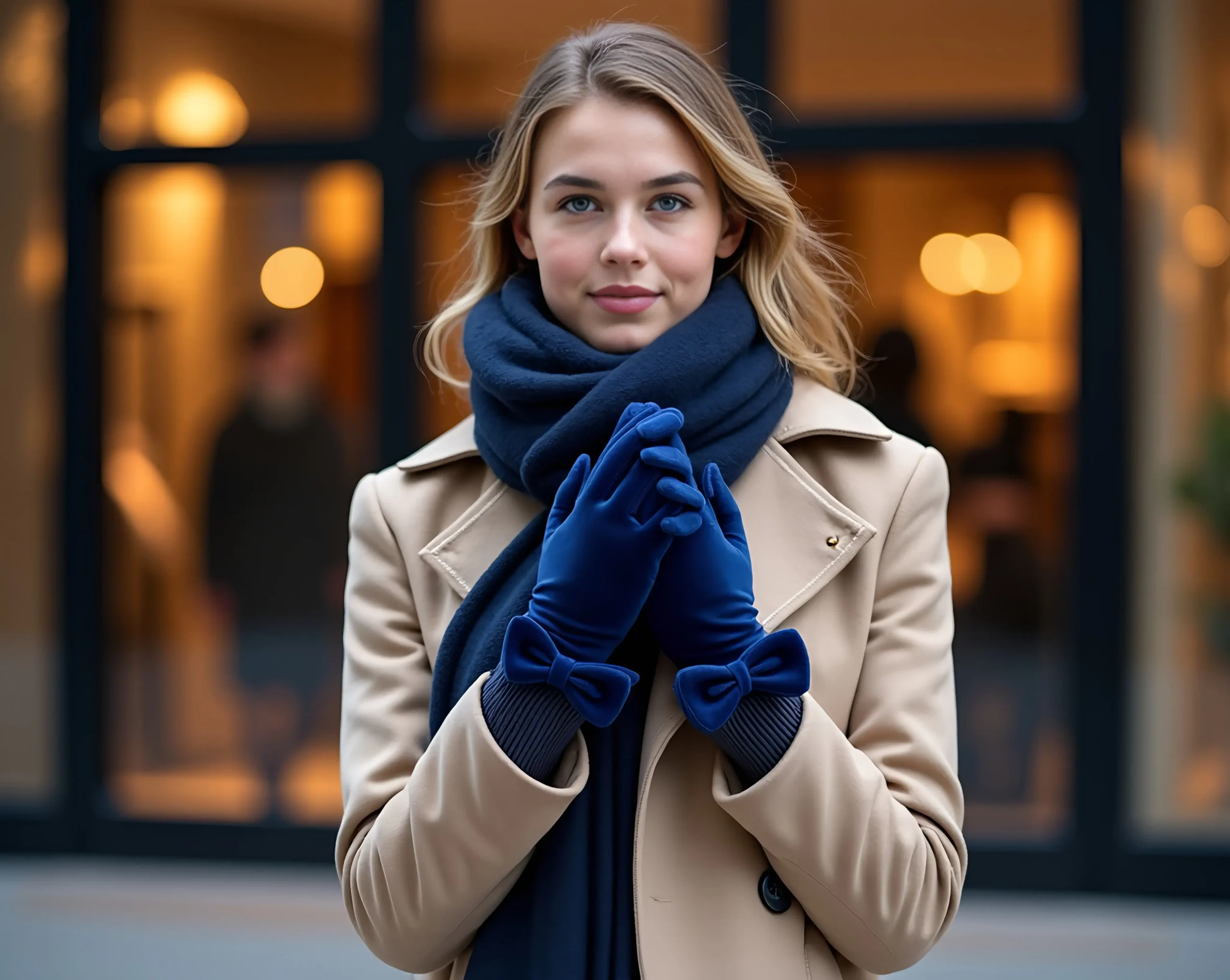 navy-blue-gloves-with-velvet-texture-and-bow-detailing-at-the-wrist-Clothing Accessories for Women