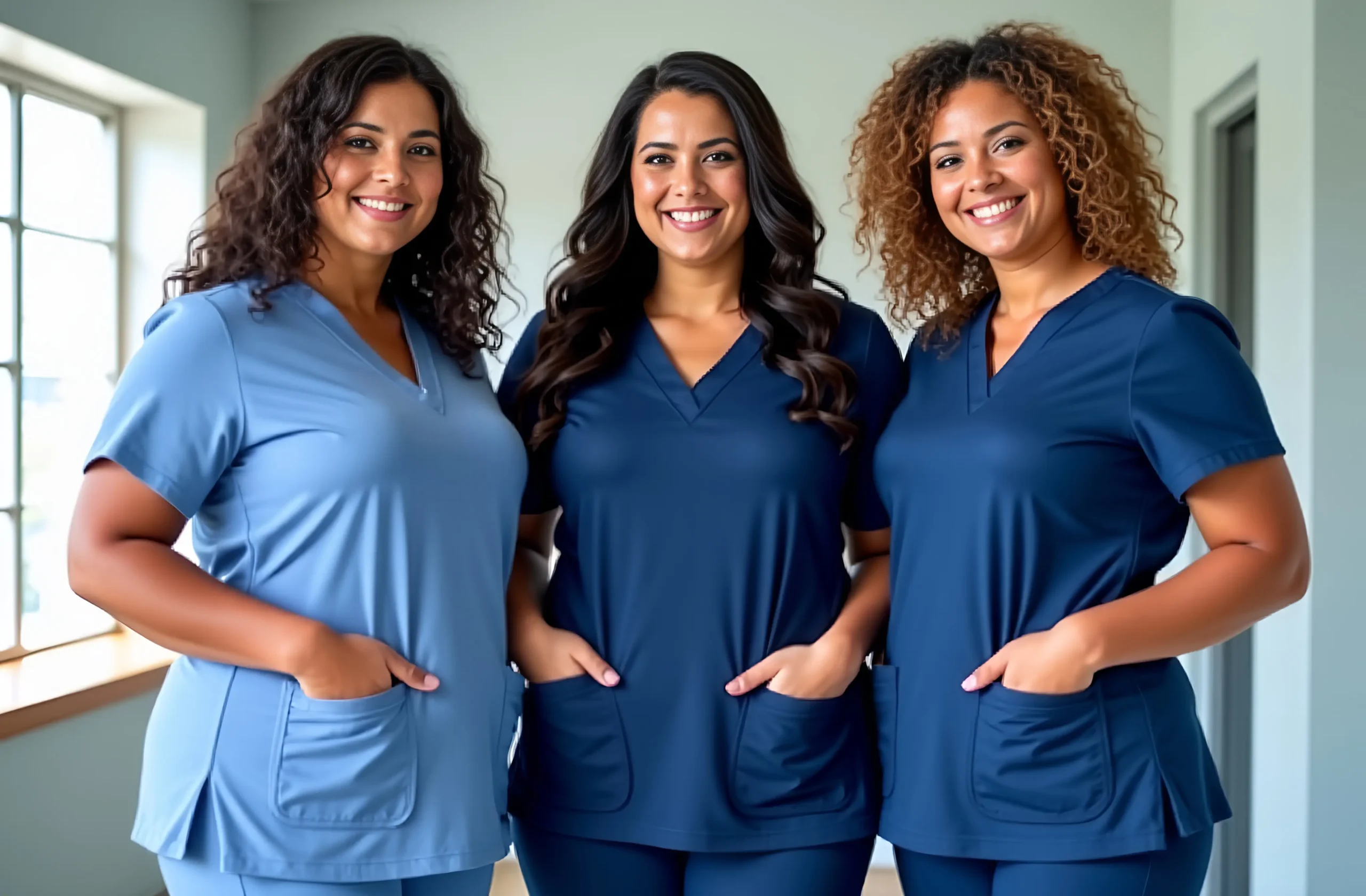 three-curvy-white-women-standing-side-by-side-each-wearing-scrubs-Best scrubs for curvy women