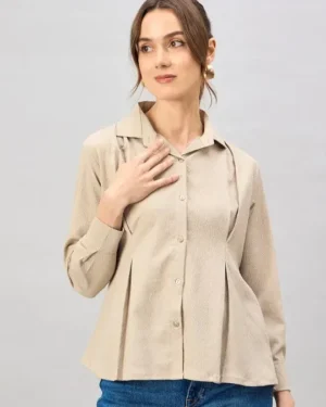 Roadster The Lifestyle Co. Beige Spread Collar Long Sleeves Shirt Style Top